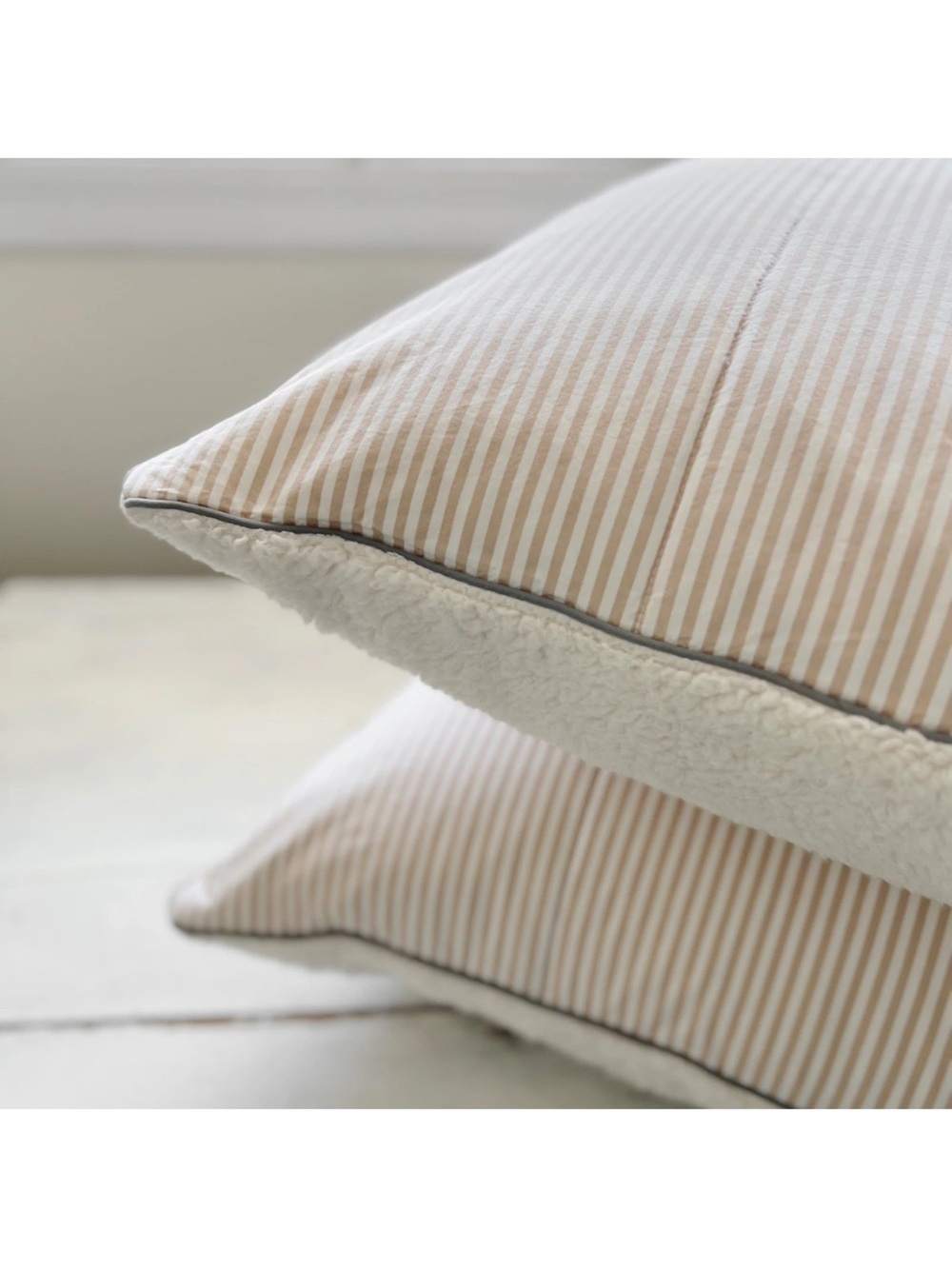2 Pottery Barn Faux Fur Sherpa Wheaton Stripe EURO Pillow Covers Flax Tan Plush